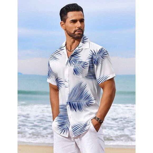 Men White Hawaiian Shirt Short Sleeve Floral Button Down Tropical Vacation - Picture 1 of 6